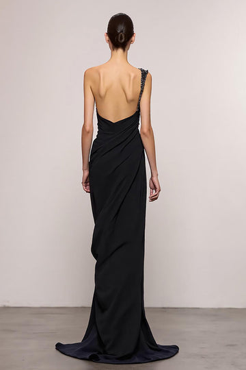 Robe de soirée longue noire dos nu une épaule fourreau
